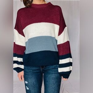 NWT Miracle Women's Striped Sweater - Burgundy, Cream, and Blue - size M/L